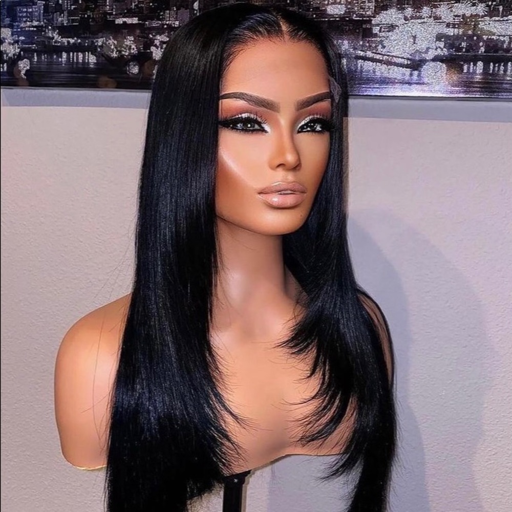 Jet black layered Human Virgin Hair Pre Plucked Lace Front Wig